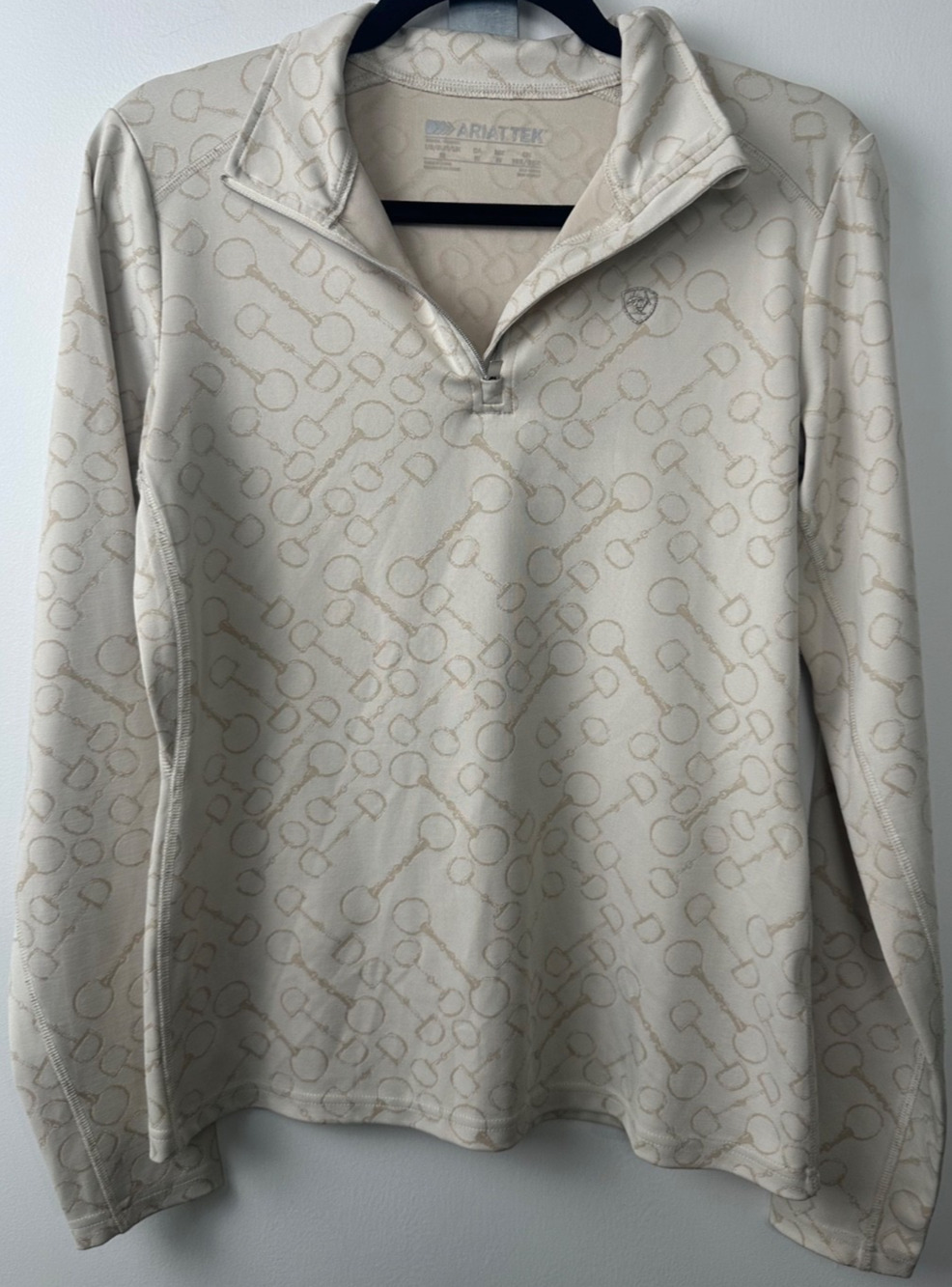 Ariat Tek Lowell Baselayer Shirt Womens M 1/4 Zip Equestrian Bit Print Tan A34